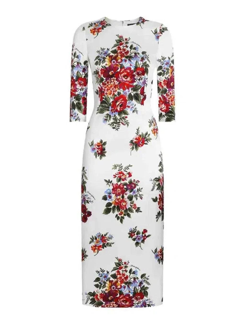 DOLCE & GABBANA Abito Midi Bianco Con Stampa Floreale Dolce E Gabbana In White Product Image