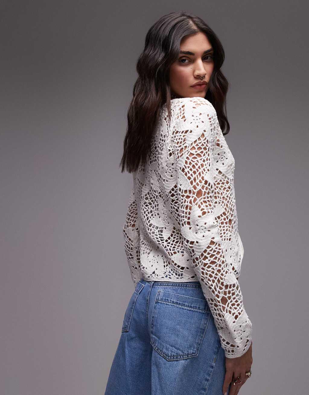 Topshop knit crochet flower tie cardigan in ivory Product Image