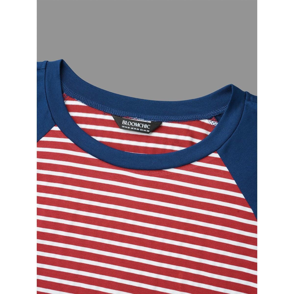 Plus Size Color-Block Striped Raglan Sleeve T-Shirt Multicolor Women Casual Contrast Round Neck Everyday T-shirts BloomChic 10/M Product Image