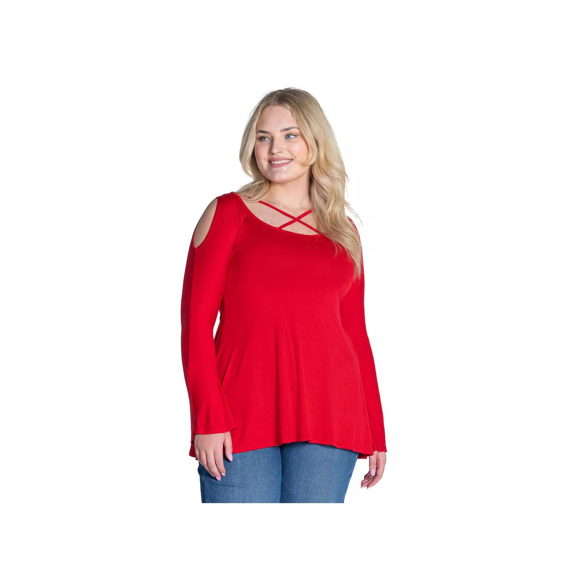 Plus Size 24Seven Comfort Apparel Long Sleeve Criss Cross Cold Shoulder Top, Women's, Size: 1XL, Red Product Image