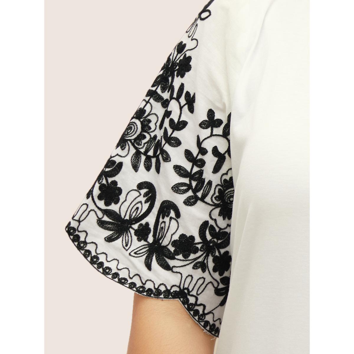 Plus Size Round Neck Floral Embroidered Scalloped Trim T-shirt White Women Resort Contrast Round Neck Vacation T-shirts BloomChic 18-20/2X Product Image