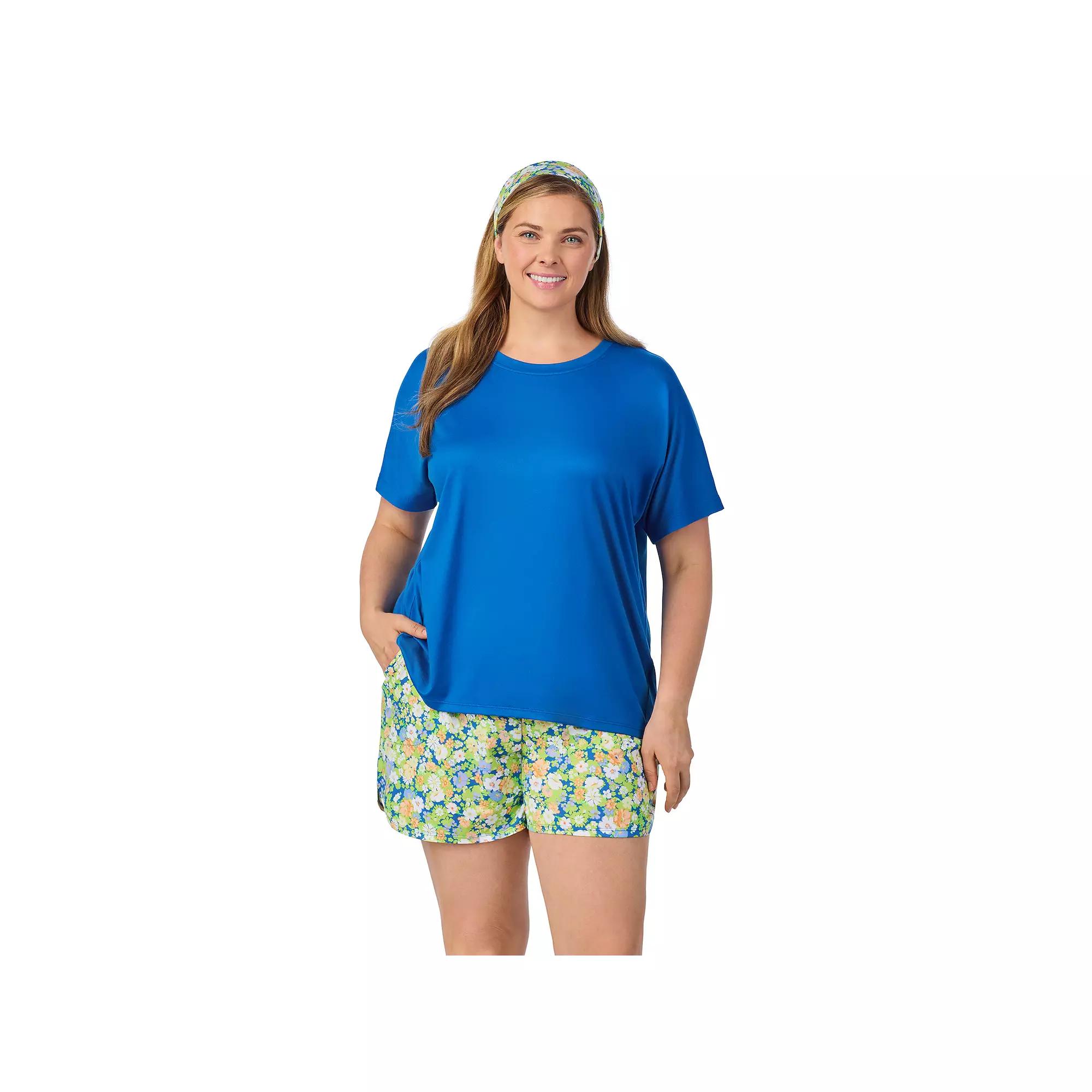 Plus Size Cuddl Duds® Short Sleeve Pajama Top & Pajama Shorts Set with Matching Headband, Women's, Size: 1XL, Blue Ditsy Product Image