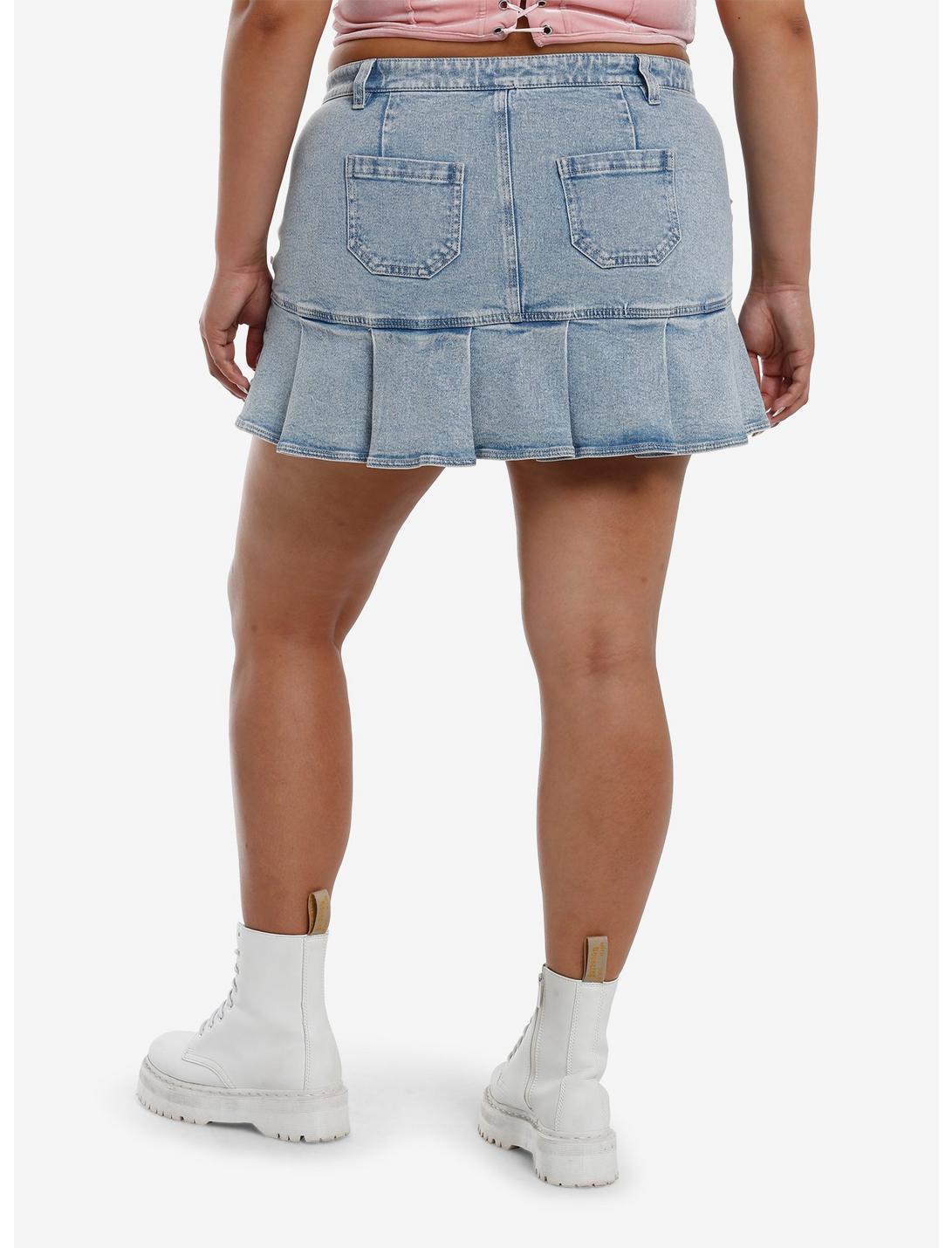 Sweet Society Light Blue Denim & Pink Bow Pleated Mini Skirt Plus Size Product Image