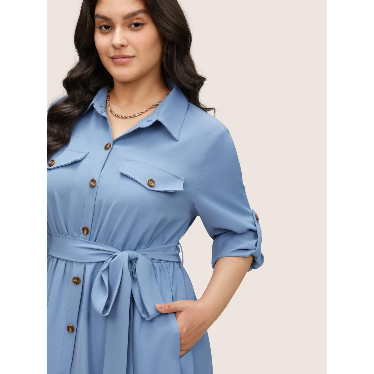 Plus Size Static-Free Solid Flap Detail Tab Sleeve Dress Stone Women Work From Home Non Shirt collar Long Sleeve Curvy Midi Dress BloomChic 28/5X Product Image