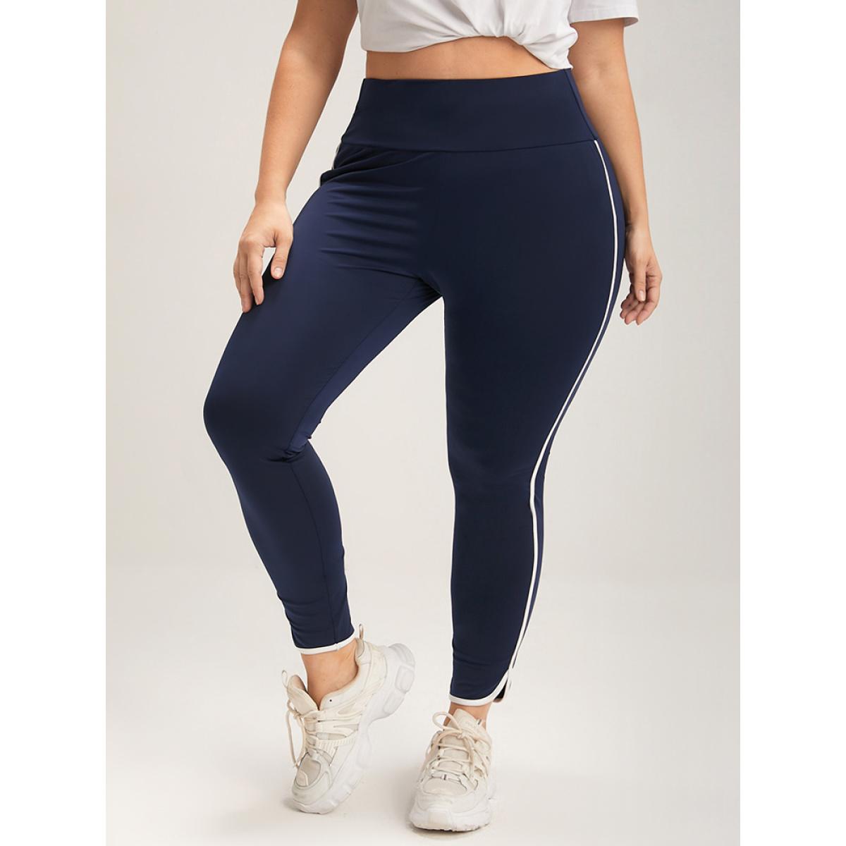 Plus Size Solid Wide Waistband Contrast Trim Skinny Leggings Women DarkBlue Casual High stretch Skinny High Rise Dailywear Leggings BloomChic 10/M Product Image