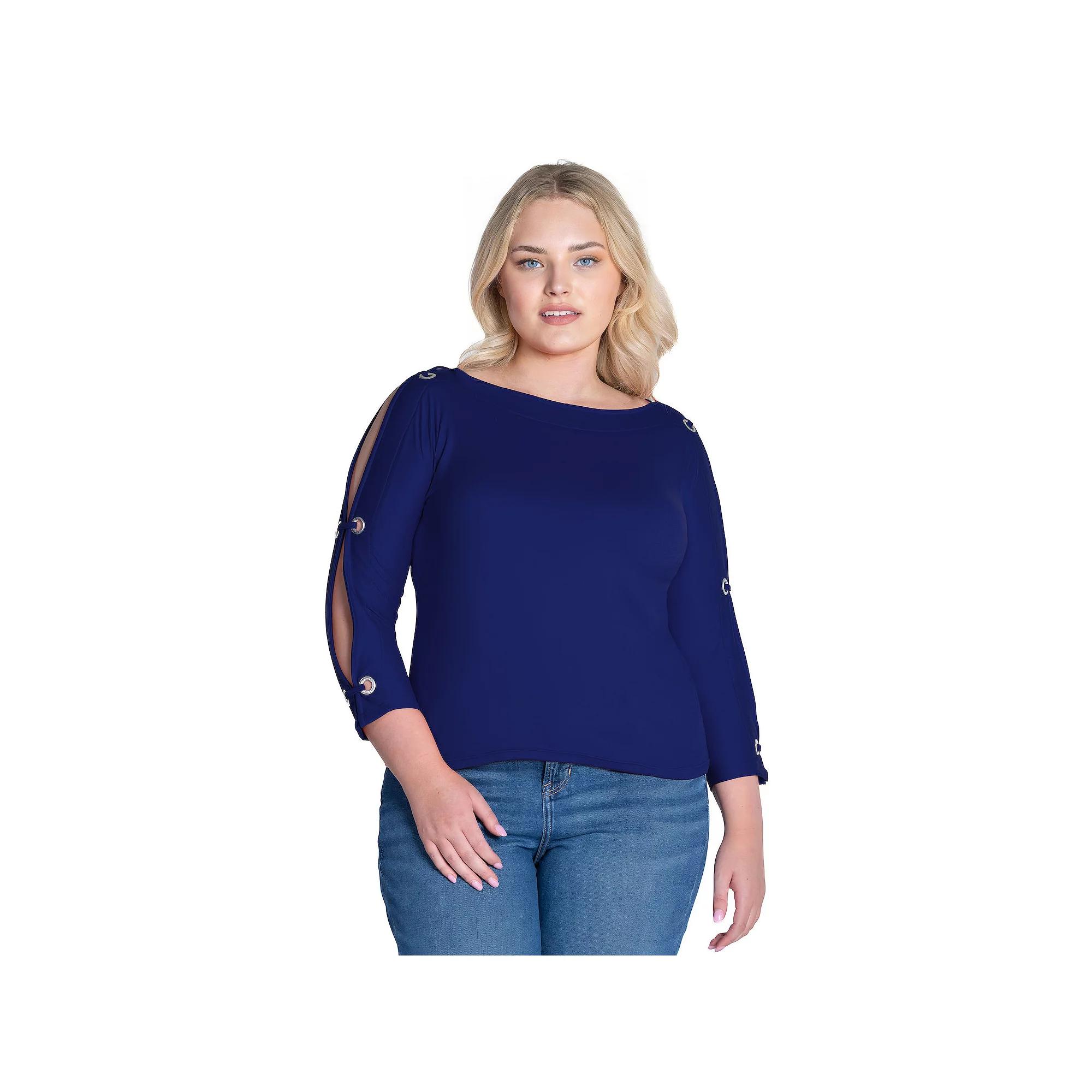 Plus Size 24Seven Comfort Apparel Boatneck 3/4-Sleeve Grommet Detailed Top, Women's, Size: 2XL, Red Product Image