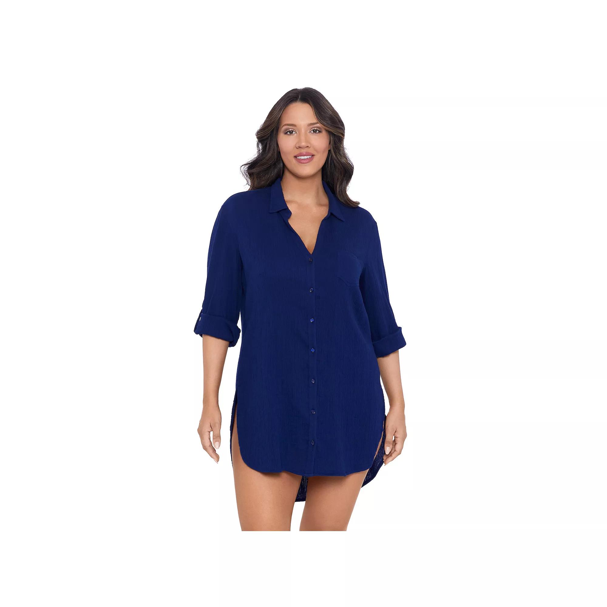 Women's Trimshaper Solid Button Down Swim Cover Up Shirt,  Product Image