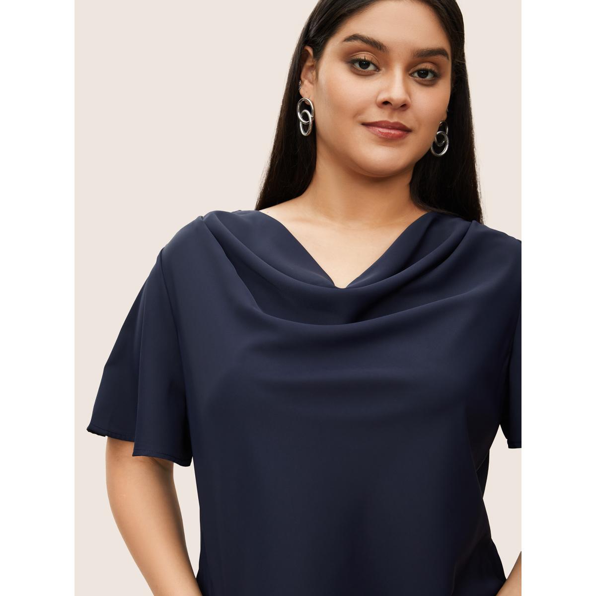 Plus Size Indigo Plain Cowl Neck Ruffle Sleeve Blouse Women Work From Home Short sleeve Cowl Neck Work Blouses BloomChic 12/L Product Image