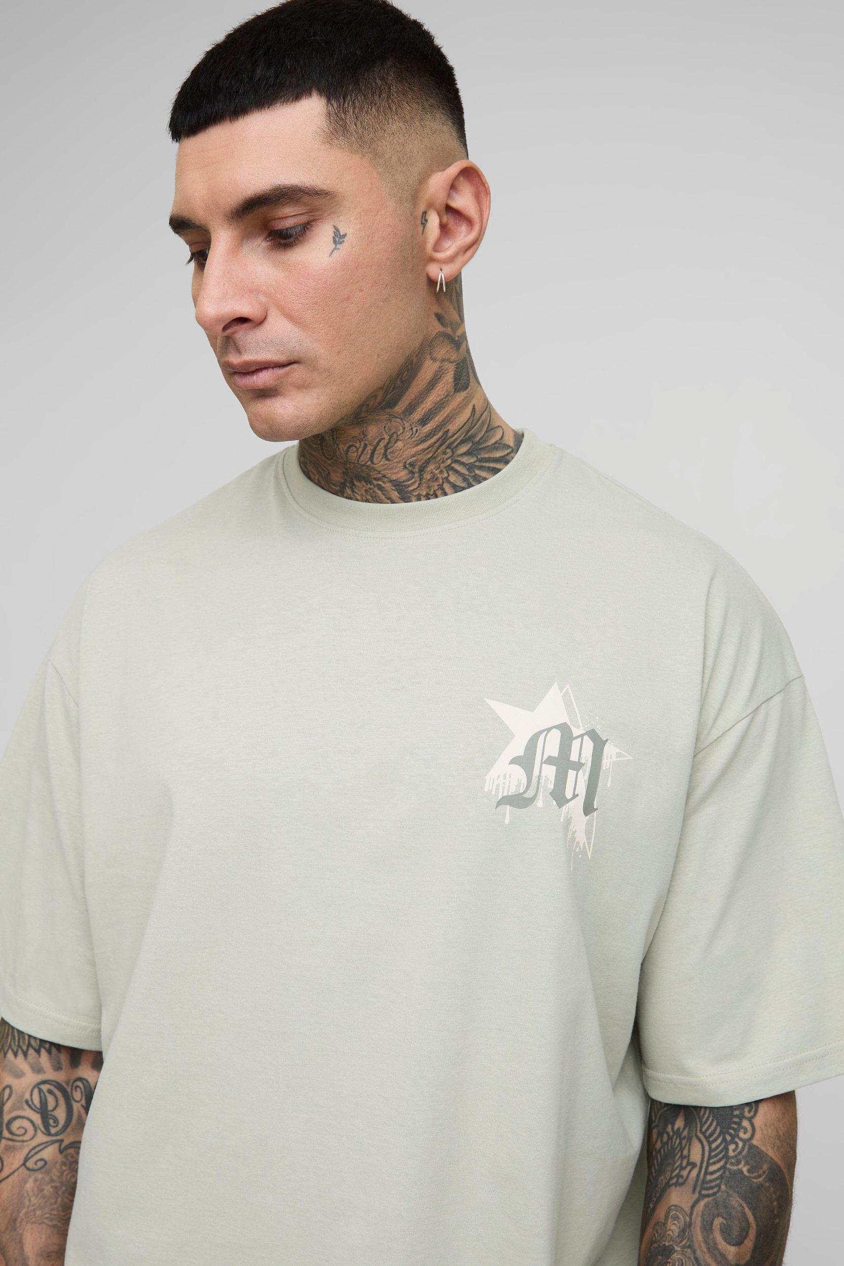 Tall Oversized Boxy Spray Paint Print T-Shirt & Slim Gusset Jogger Tracksuit | boohooMAN USA Product Image