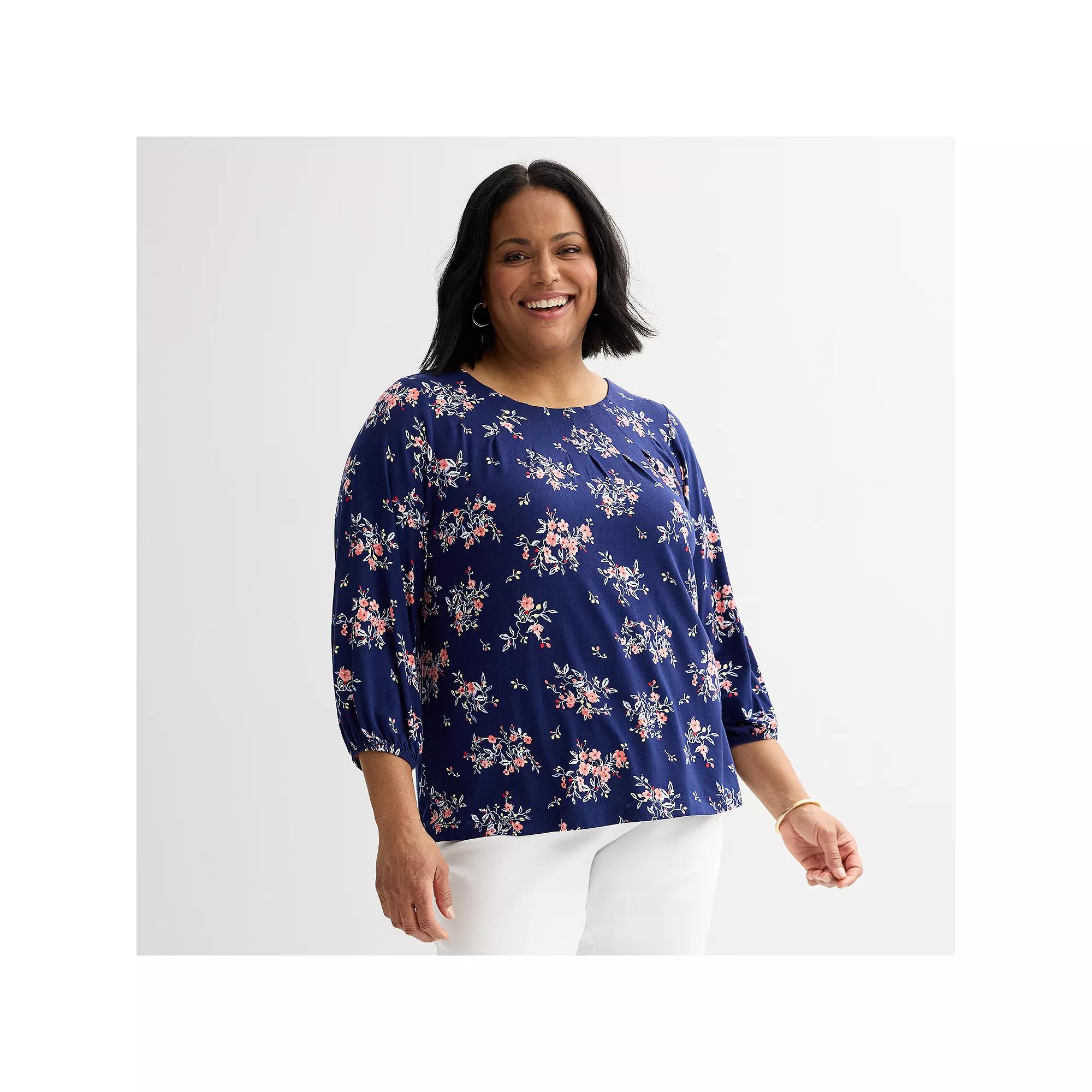 Plus Size Croft & Barrow® 3/4-Sleeve Pleated Top, Women's, Size: 4XL, Navy Pink Floral Product Image