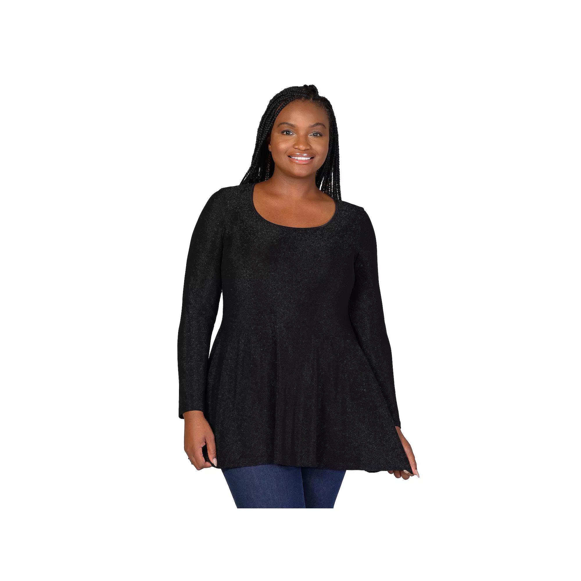 Plus Size 24Seven Comfort Apparel Scoopneck Shimmery Long Sleeve Tunic Top, Women's, Size: 2XL, Black Product Image