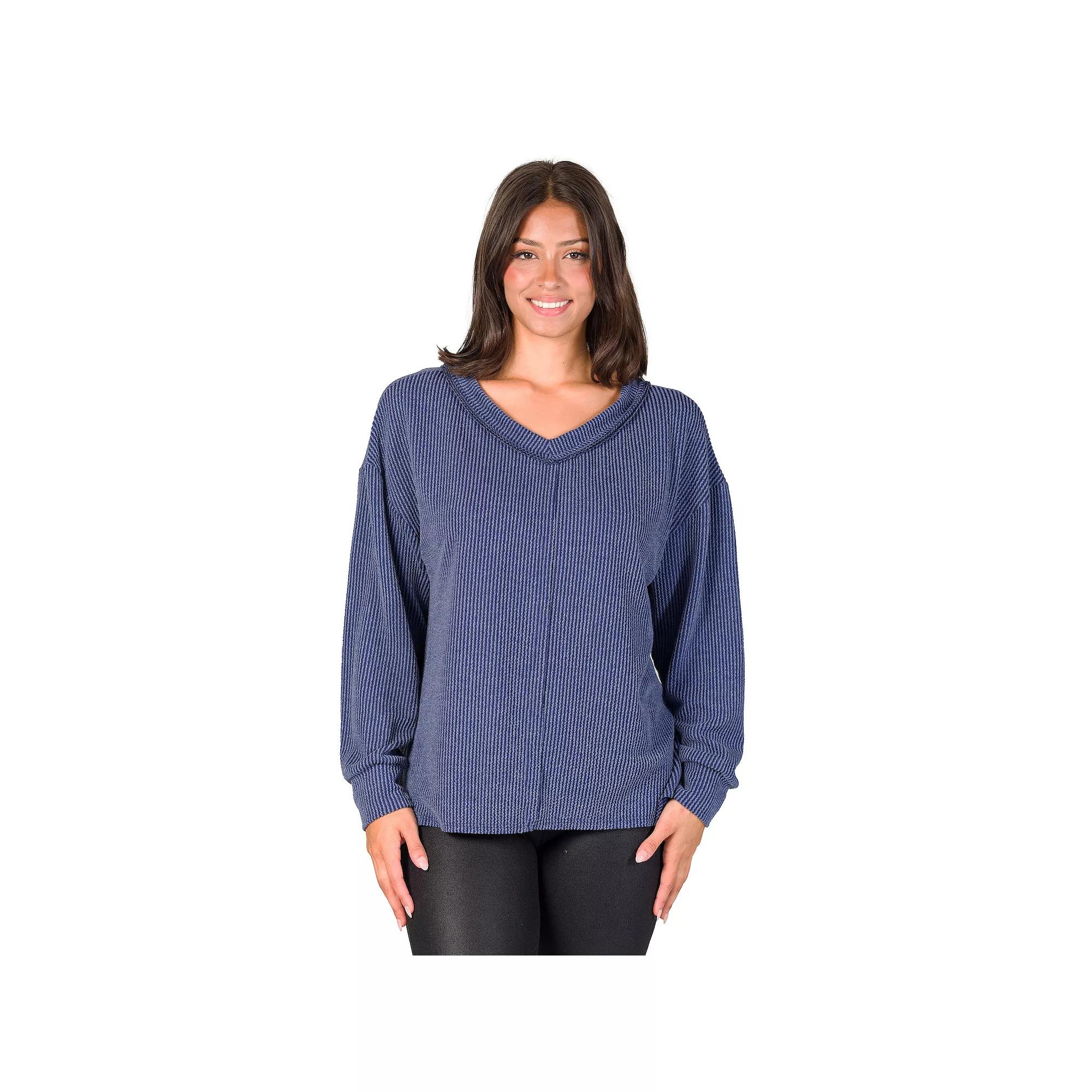Women's 24Seven Comfort Apparel Relaxed Fit Ribbed V Neck Sweater Top,  Product Image