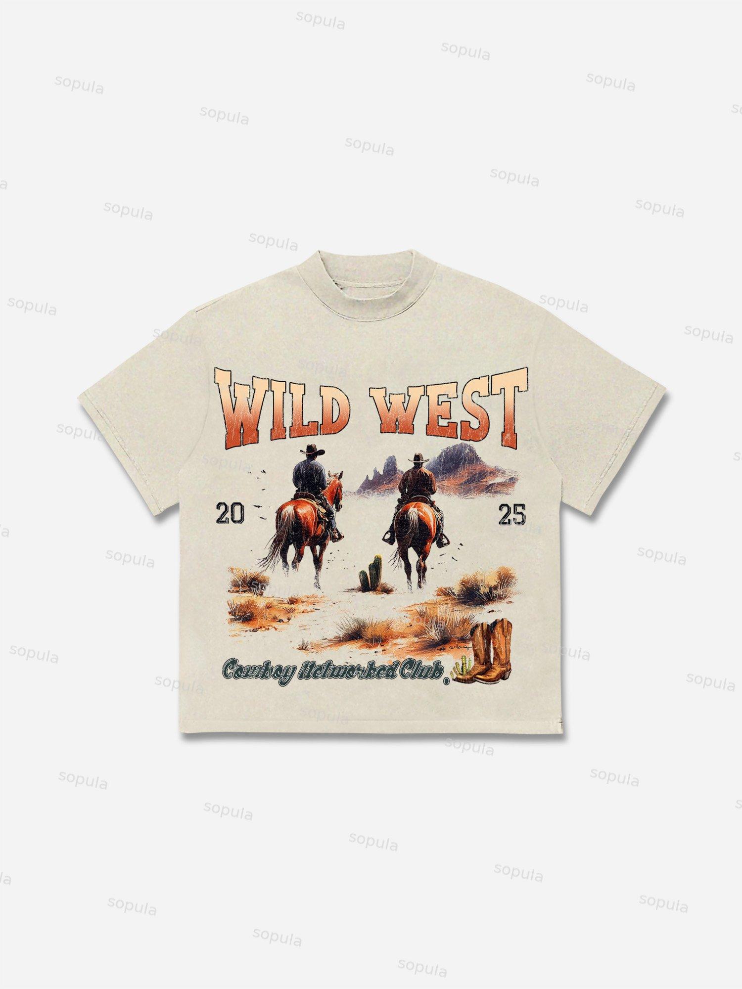 Men's Vintage Wild West Graphic Cotton T-shirt Product Image