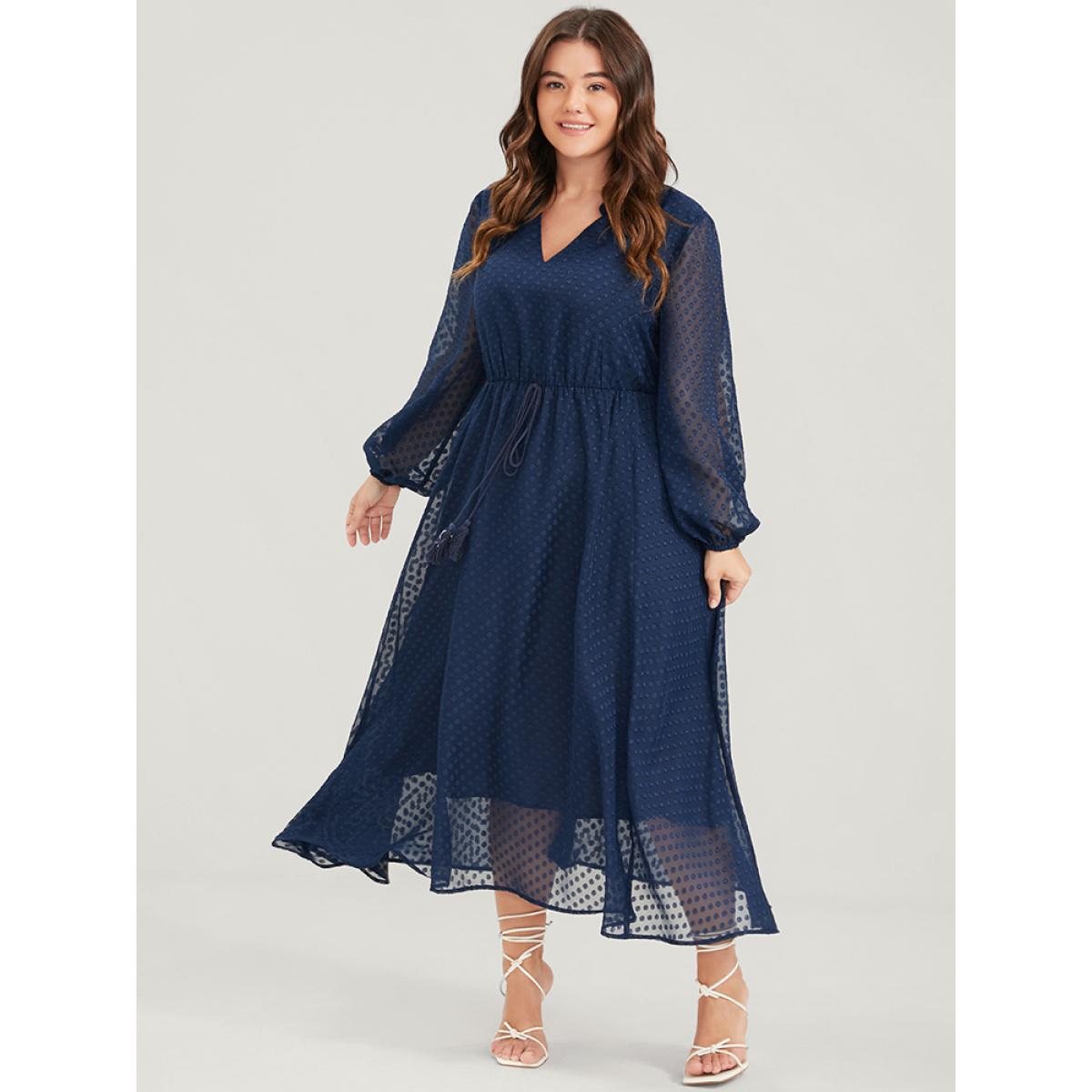 Plus Size Solid Geometric Mesh V Neck Lantern Sleeve Tie Dress Navy Women Glamour Heather V-neck Long Sleeve Curvy Midi Dress BloomChic 10/M Product Image