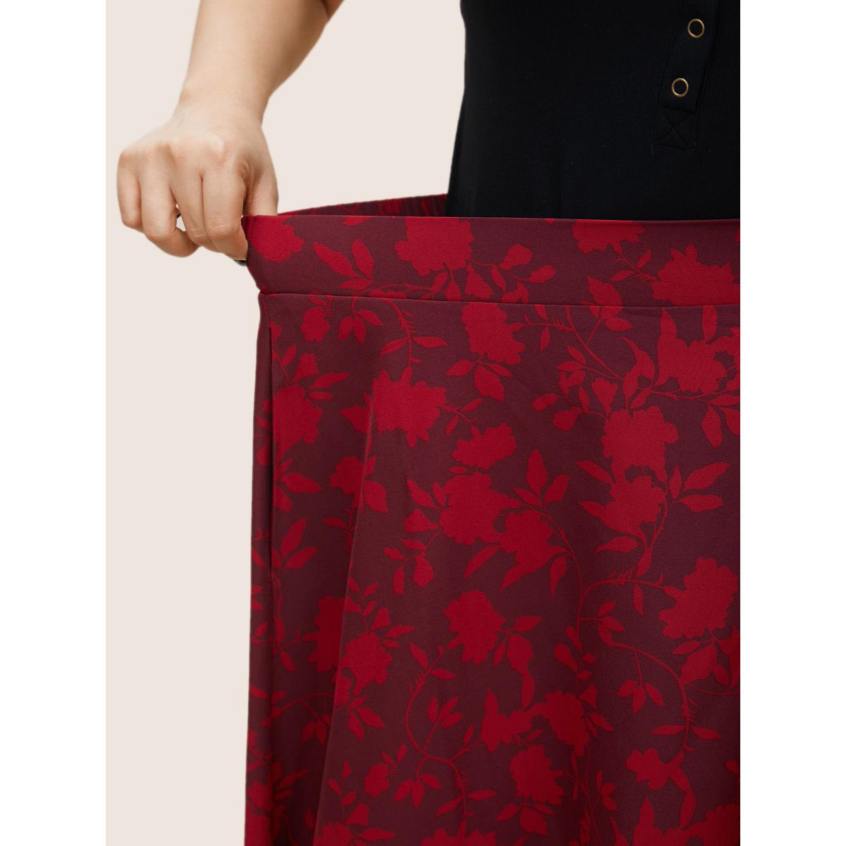 Plus Size Silhouette Floral Print Elastic Waist Pocket Cropped Skirt Women Burgundy Elegant Non No stretch Slanted pocket Everyday Skirts BloomChic 26/4X Product Image