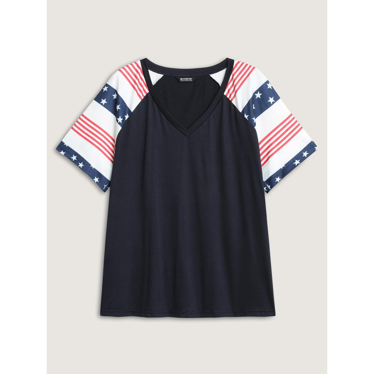 Plus Size Stars and Stripes Raglan T-Shirt Navy Women Leisure Round Neck Casual T-shirts BloomChic 18-20/2X Product Image