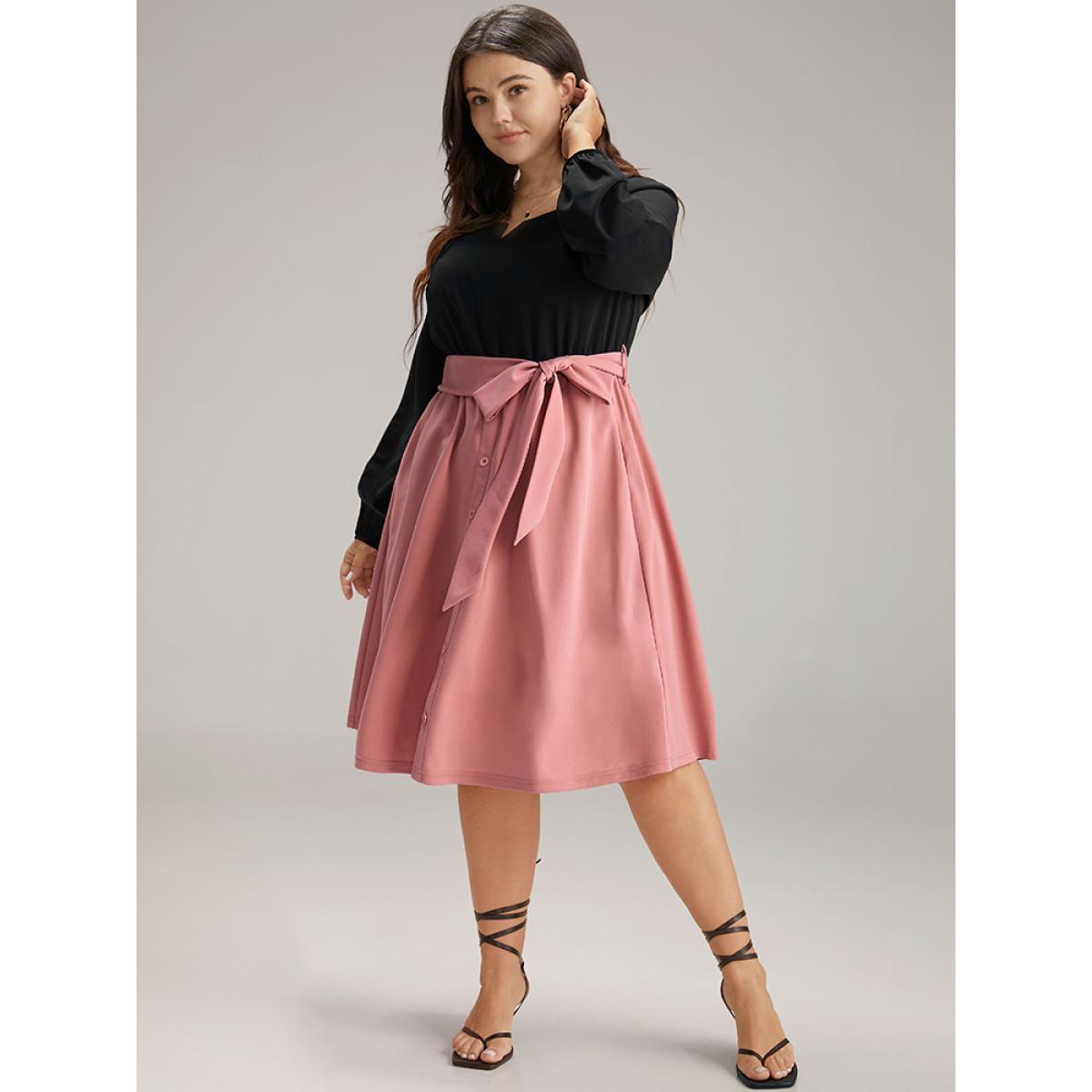 Plus Size Contrast Patchwork Button Detail Belted Dress Rouge Women At the Office Elastic cuffs Notched collar Long Sleeve Curvy Midi Dress BloomChic 22-24/3X Product Image