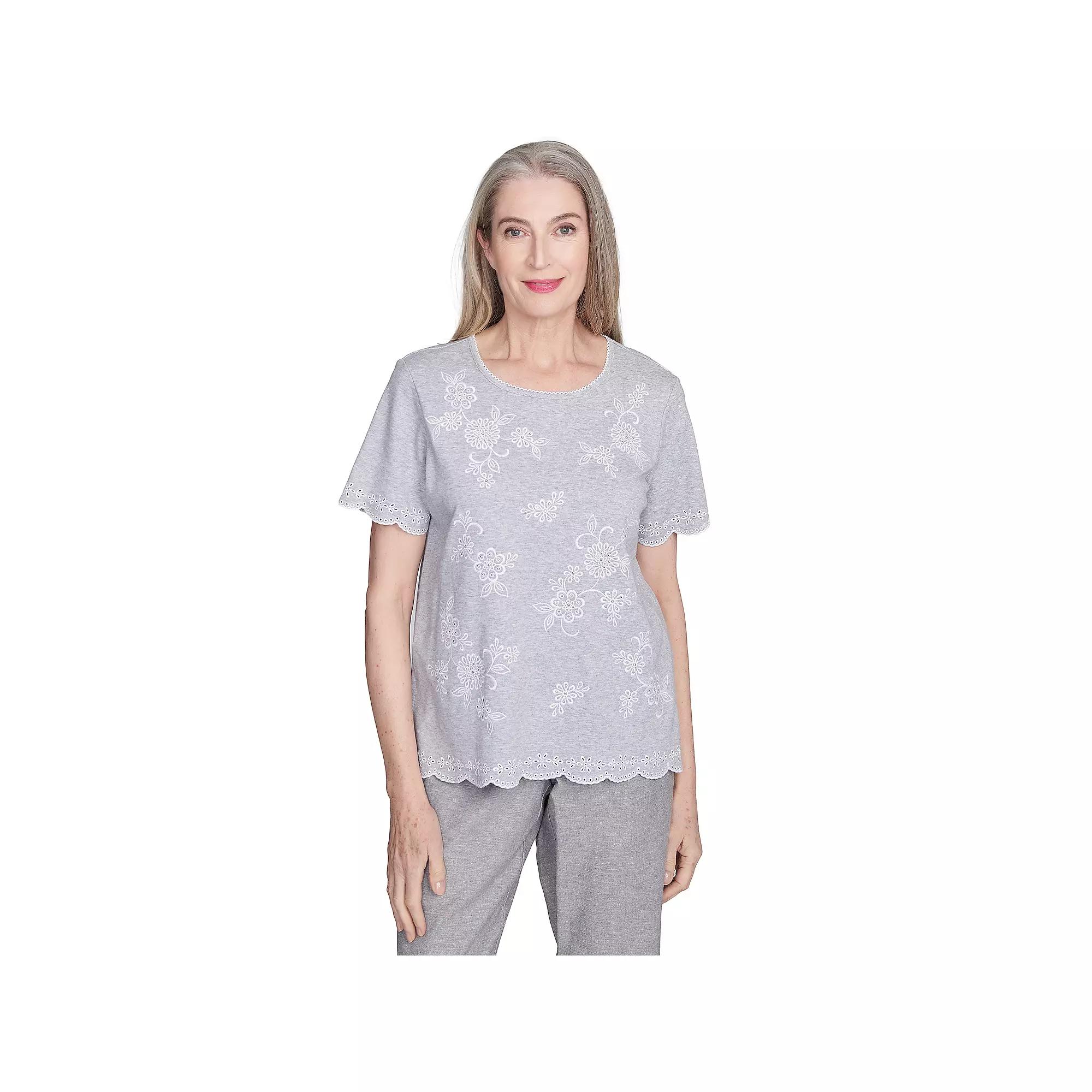 Petite Alfred Dunner Embroidered Tossed Flower Tee, Women's,  Product Image