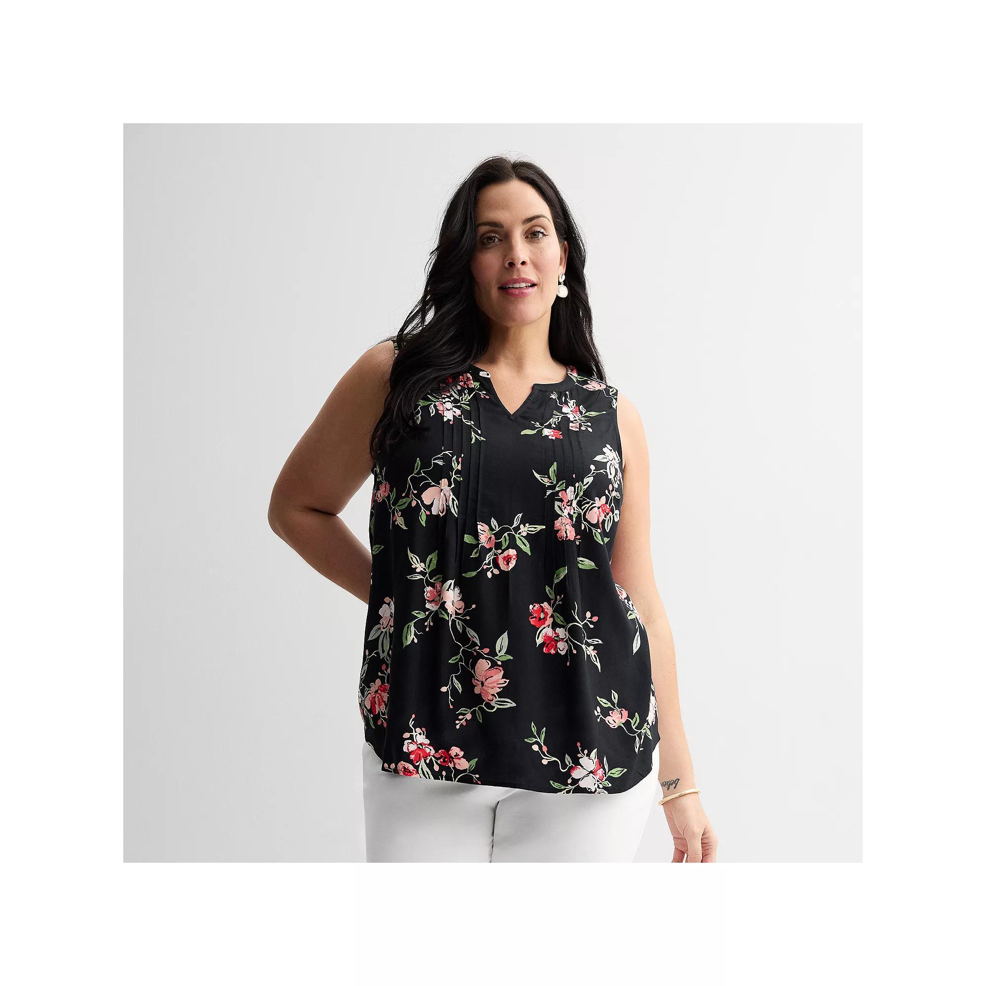 Plus Size Croft & Barrow® Pintuck Sleeveless Shell Top, Women's, Size: 3XL, Black Team Floral Product Image