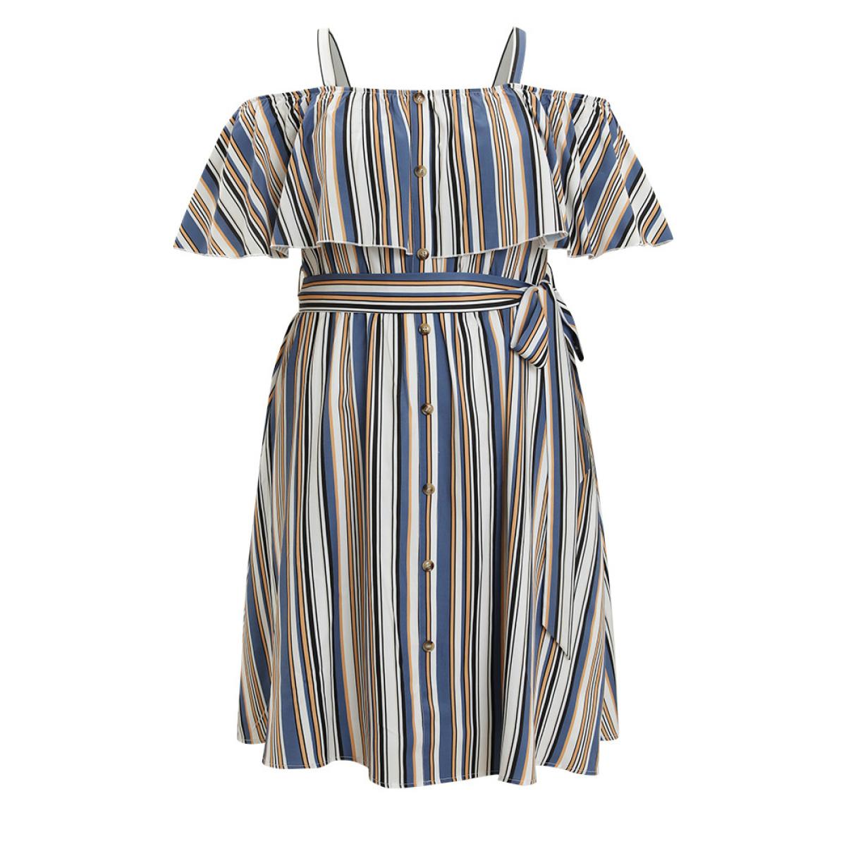 Plus Size Striped Cold Shoulder Belt Pocket Button Detail Dress Blue Women Vacation Adjustable Straps Spaghetti Strap Short sleeve Curvy Knee Dress BloomChic 18-20/2X Product Image