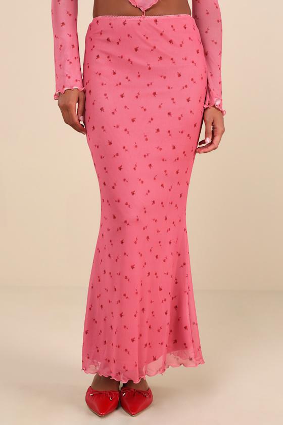Cutest Appeal Pink Floral Mesh Mid-Rise Maxi Skirt Product Image
