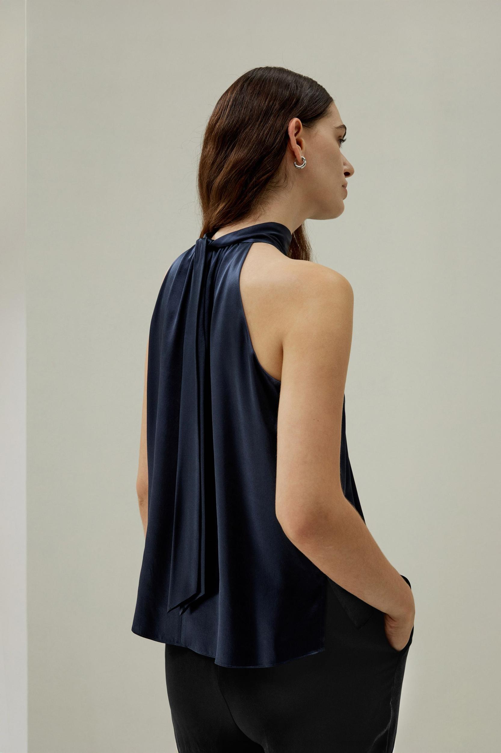 LILYSILK Silk Halter Neck Top - Womens - Navy Blue Natural Silk - Polished Sleeveless Blouse M Product Image