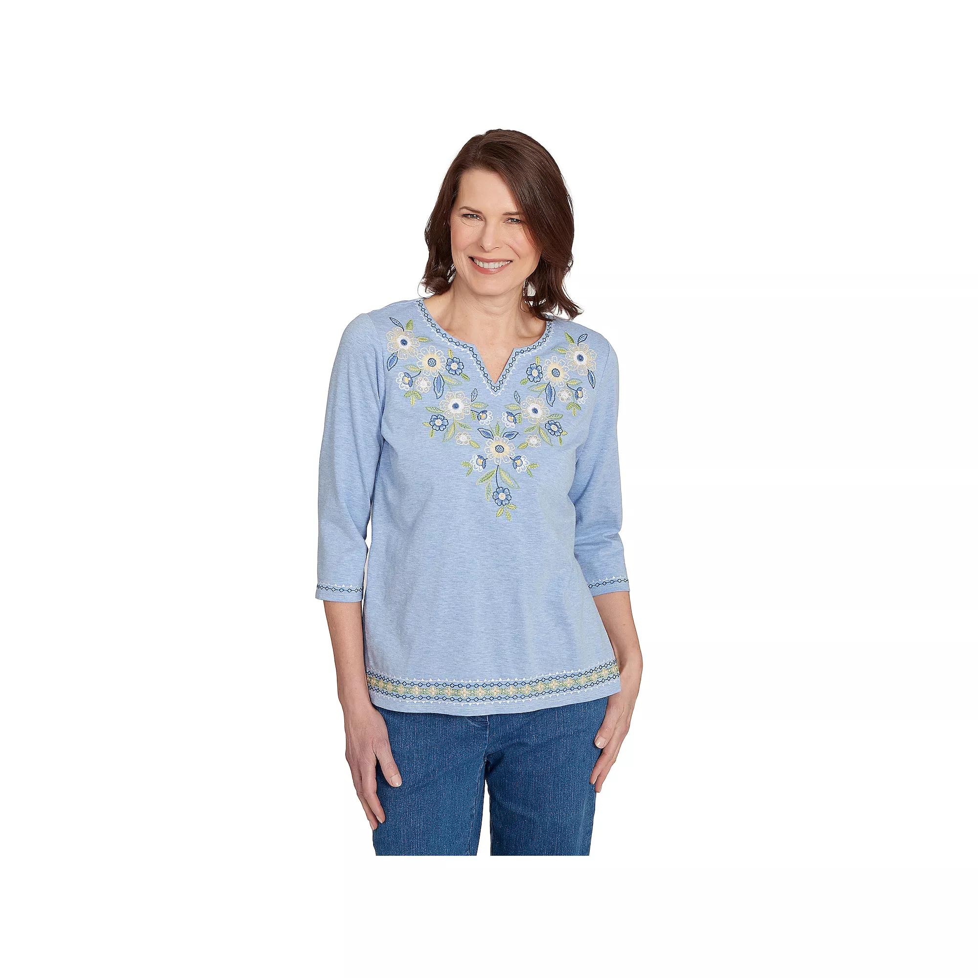 Petite Alfred Dunner Embroidered Daisy Split Neckline Top, Women's,  Product Image