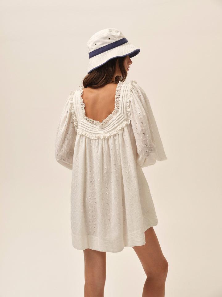 Susie Eyelet Babydoll Mini Dress — White Product Image