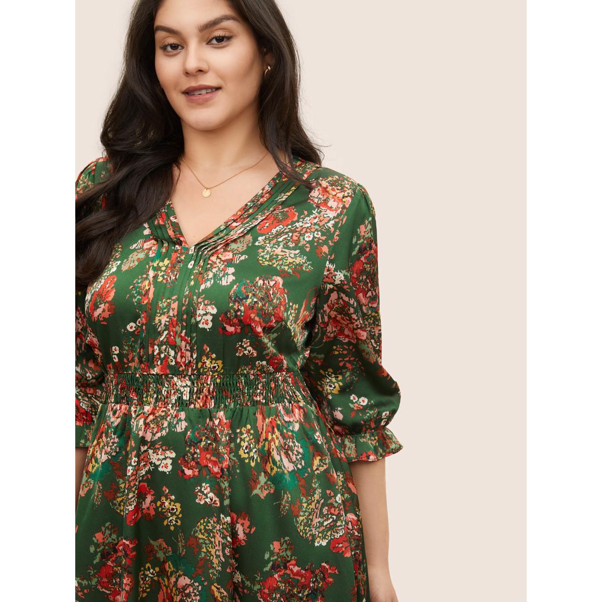 Plus Size Floral Print Flutter Sleeve Shirred Pleated Dress DarkGreen Women Elegant Non V-neck Elbow-length sleeve Curvy Midi Dress BloomChic 22-24/3X Product Image
