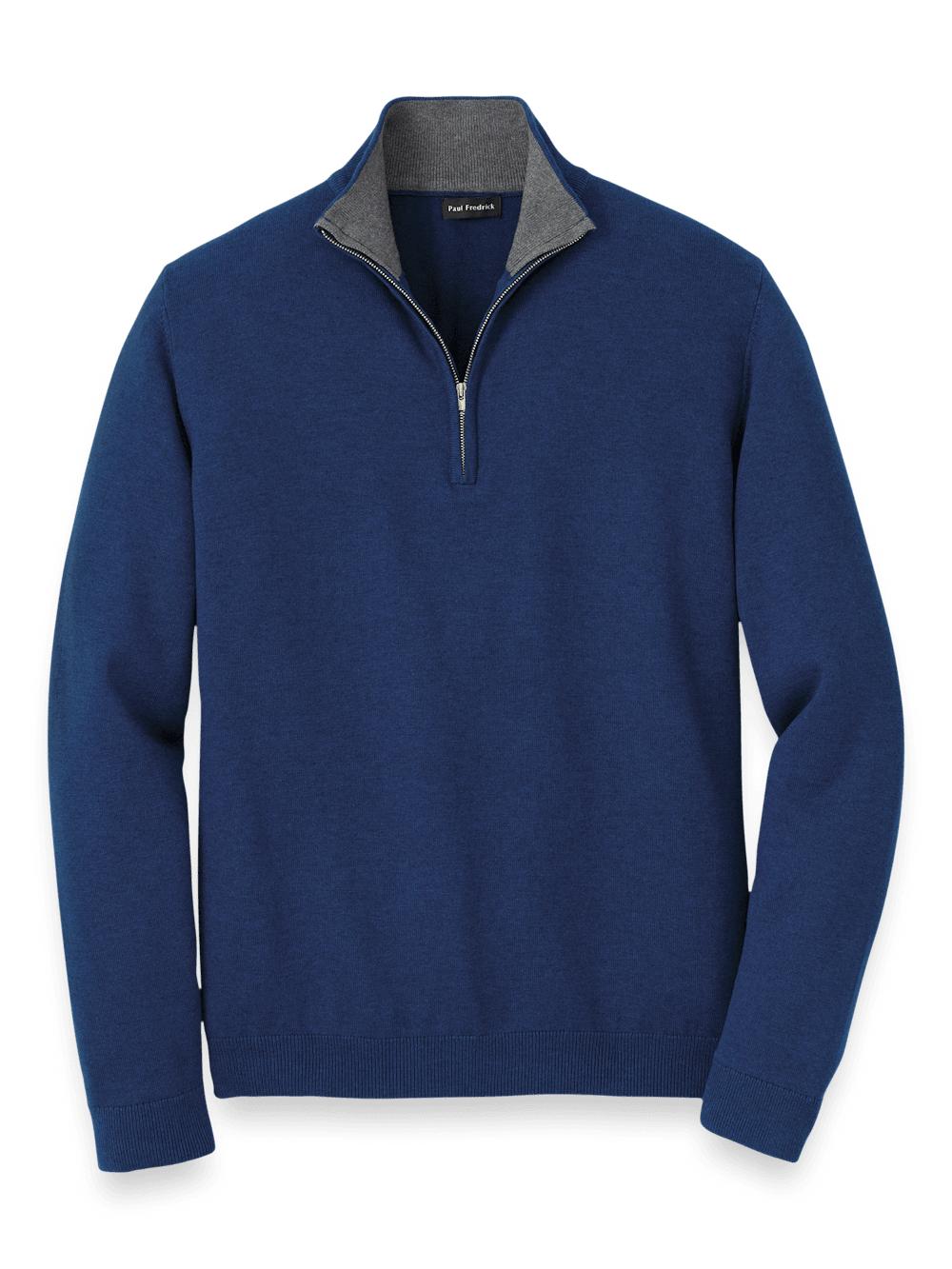 Supima Cotton Quarter Zip Mock Neck Sweater - Dark Blue Product Image