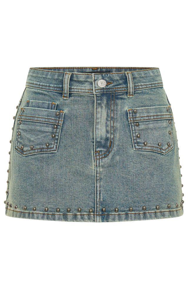 Blake Denim Studded Mini Skirt Brown Blue Product Image