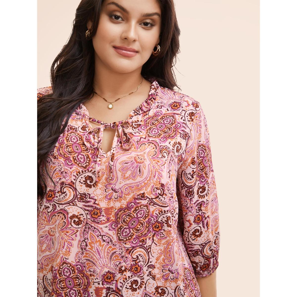 Plus Size Blush Bandana Frill Trim Tie Knot Blouse Women Elegant Elbow-length sleeve Notched collar Everyday Blouses BloomChic 18-20/2X Product Image