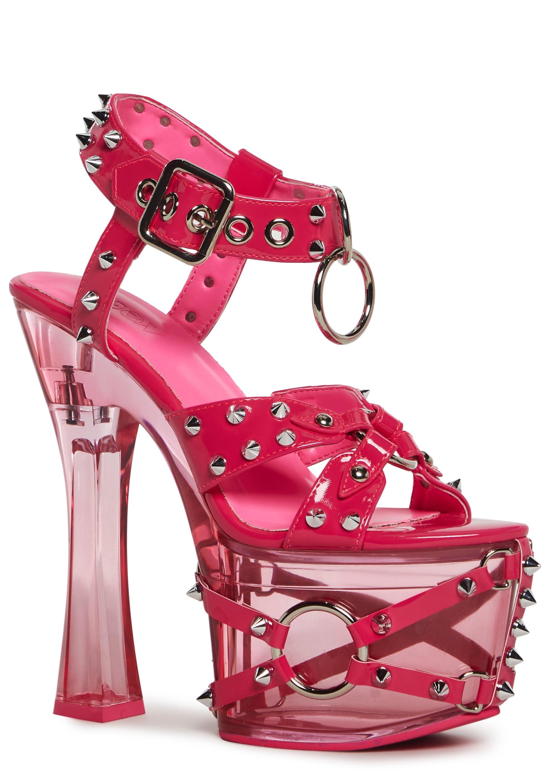 Spike Stud Patent Vegan Leather Clear Lucite Peeptoe Platform Heels Widow - Pink Product Image