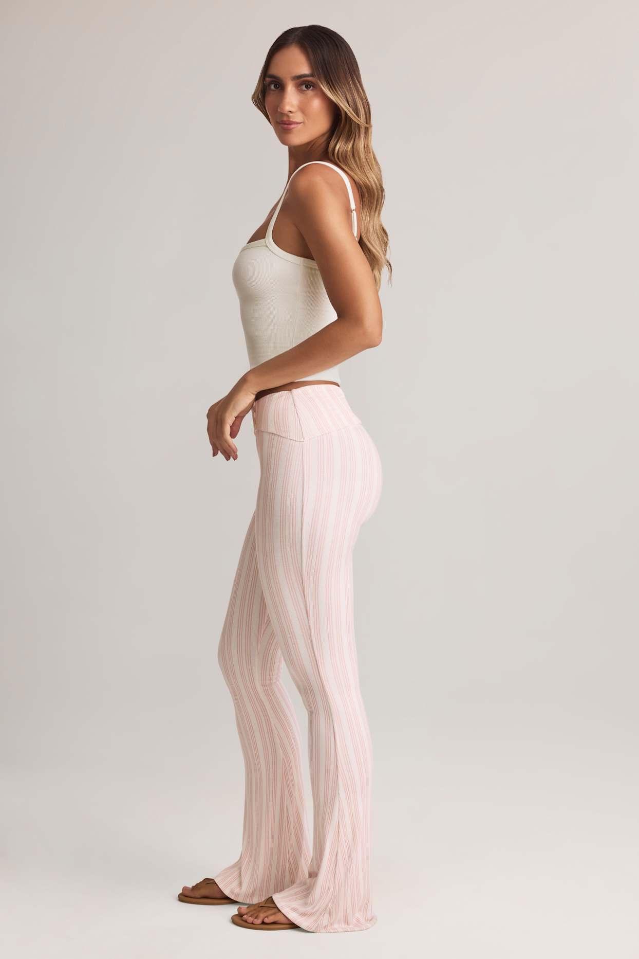 Modal Foldover Mid-Rise Flared Trousers in Stripe Print Product Image