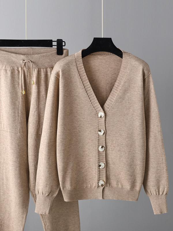 Casual Loose Solid Color V-Neck Cardigan Tops & Harem Pants Two Pieces Set Product Image