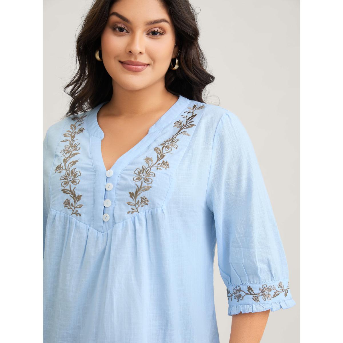 Plus Size LightBlue Cotton Floral Embroidered Notched Collar Frill Trim Blouse Women Leisure Elbow-length sleeve Stand-up collar Casual Blouses BloomChic 14-16/1X Product Image