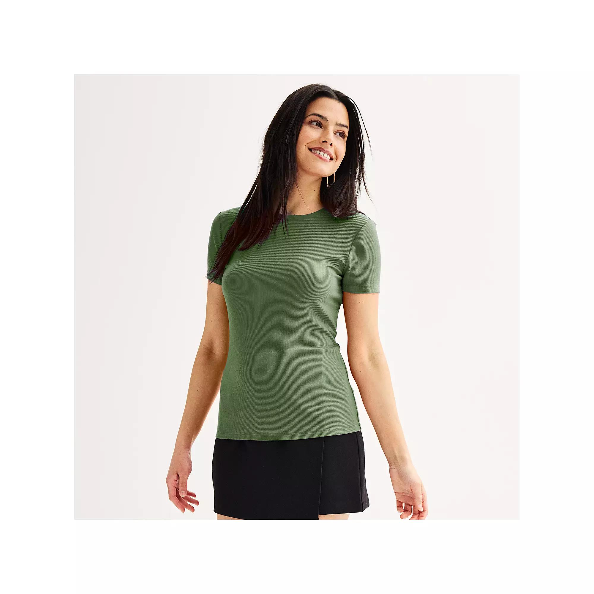 Women's Nine West Fitted Ribbed Crewneck Top, Size: XS, Camden Green Product Image
