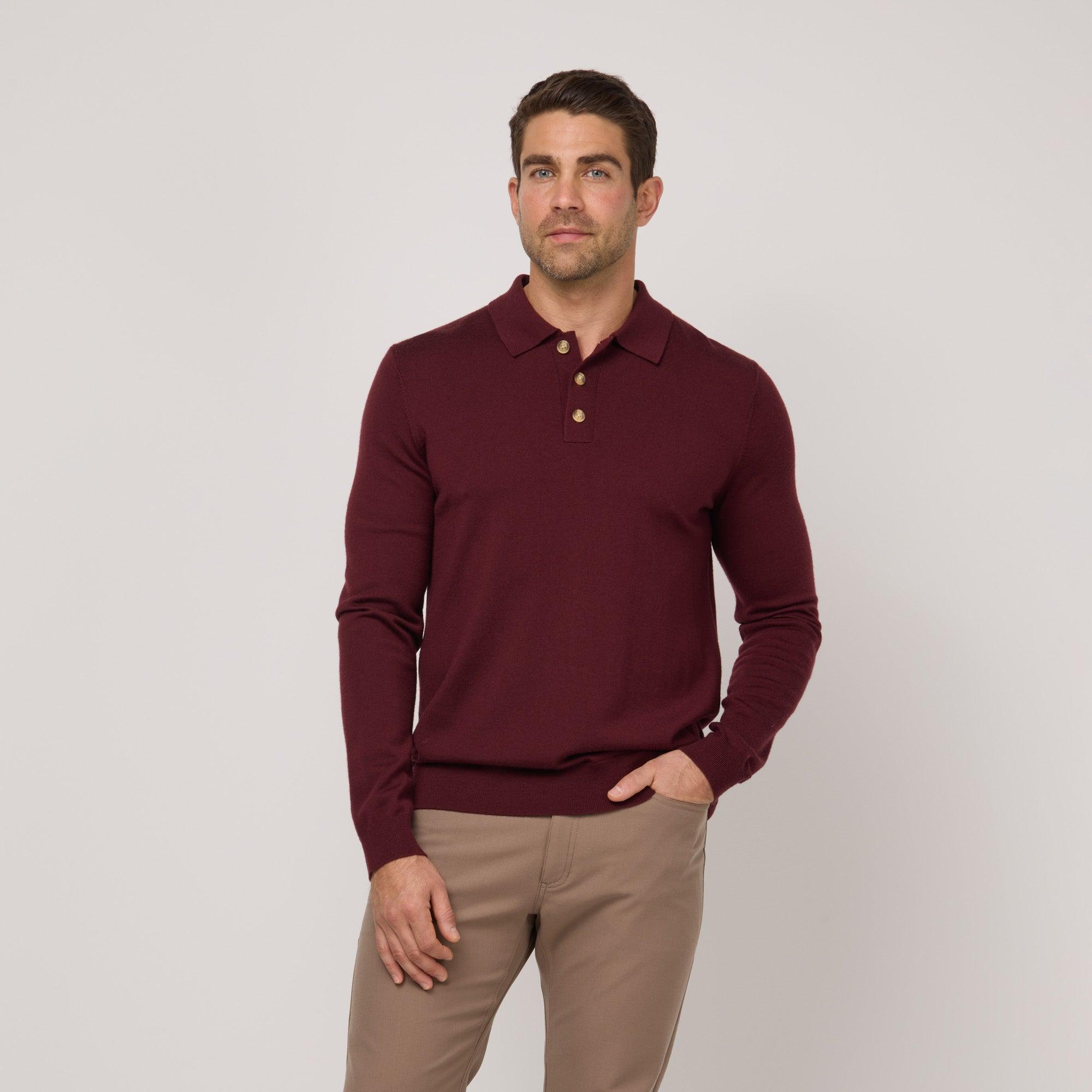 Merino Wool Long Sleeve Polo | Burgundy Product Image