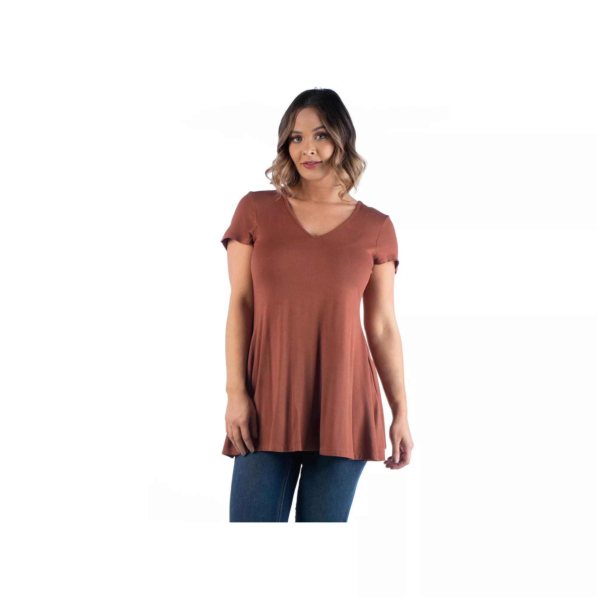 Plus Size 24Seven Comfort Apparel Short Sleeve V-Neck Tunic T-Shirt, Women's, Size: 3XL, Brown Product Image
