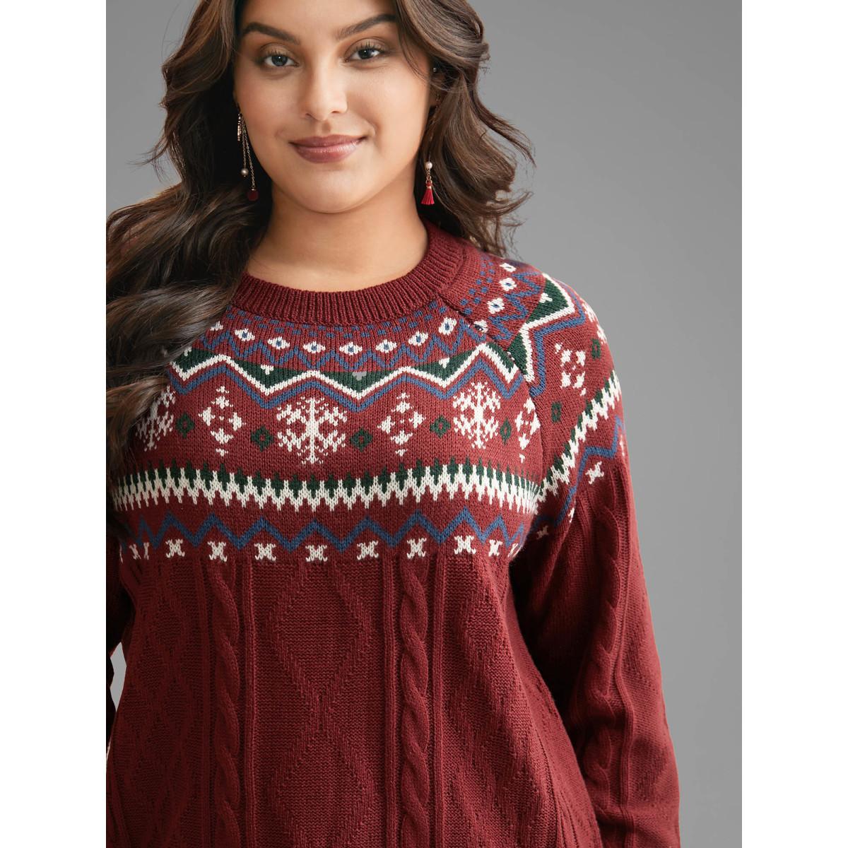 Plus Size Festive Fair Isle Cable Knit Pullover Deepred Women Leisure Loose Long Sleeve Round Neck Casual Pullovers BloomChic 12/L Product Image