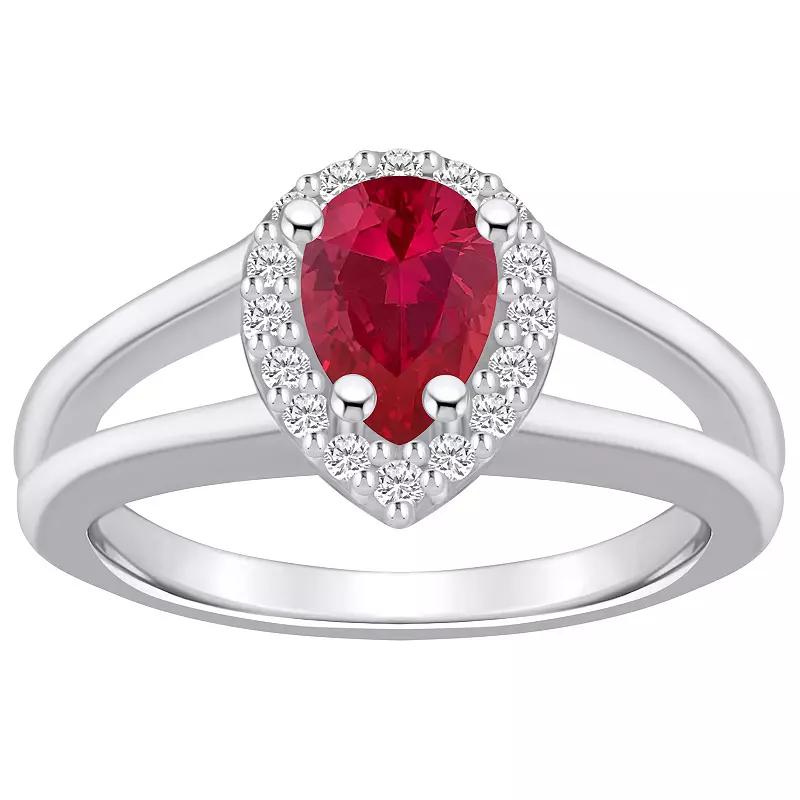 Alyson Layne 10k White Gold Pear Shape Gemstone 1/6 Carat T.W. Diamond Halo Ring, Women's, Size: 7, Created Red Product Image