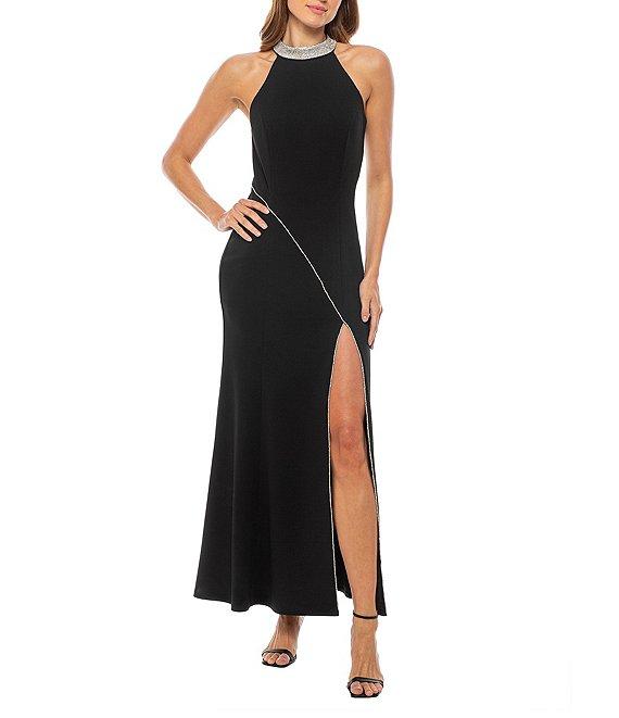 Marina Rhinestone Trim Halter Neck Sleeveless Scuba Crepe Sheath Dress Product Image
