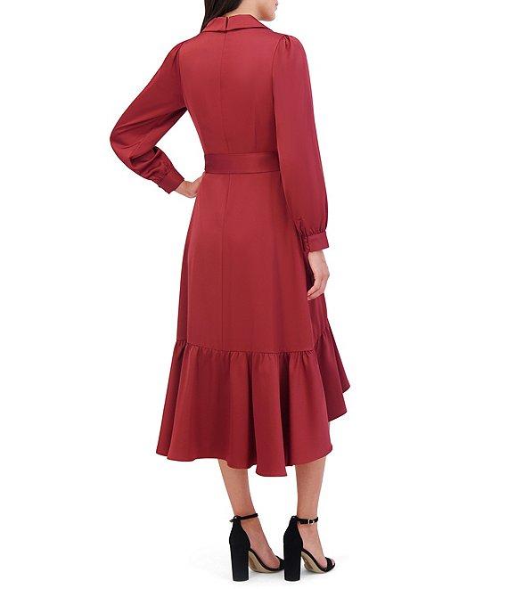 Vince Camuto Satin Split V-Neck Long Sleeve Faux Wrap Hi-Low Shirttail Dress Product Image