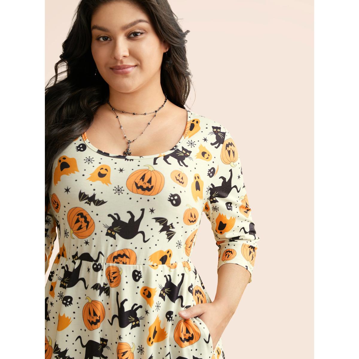 Plus Size Pumpkin Spiced Elastic Waist Printed Midi Dress Ivory Women Cocktail Non Party Curvy Bloomchic 30/6X Product Image