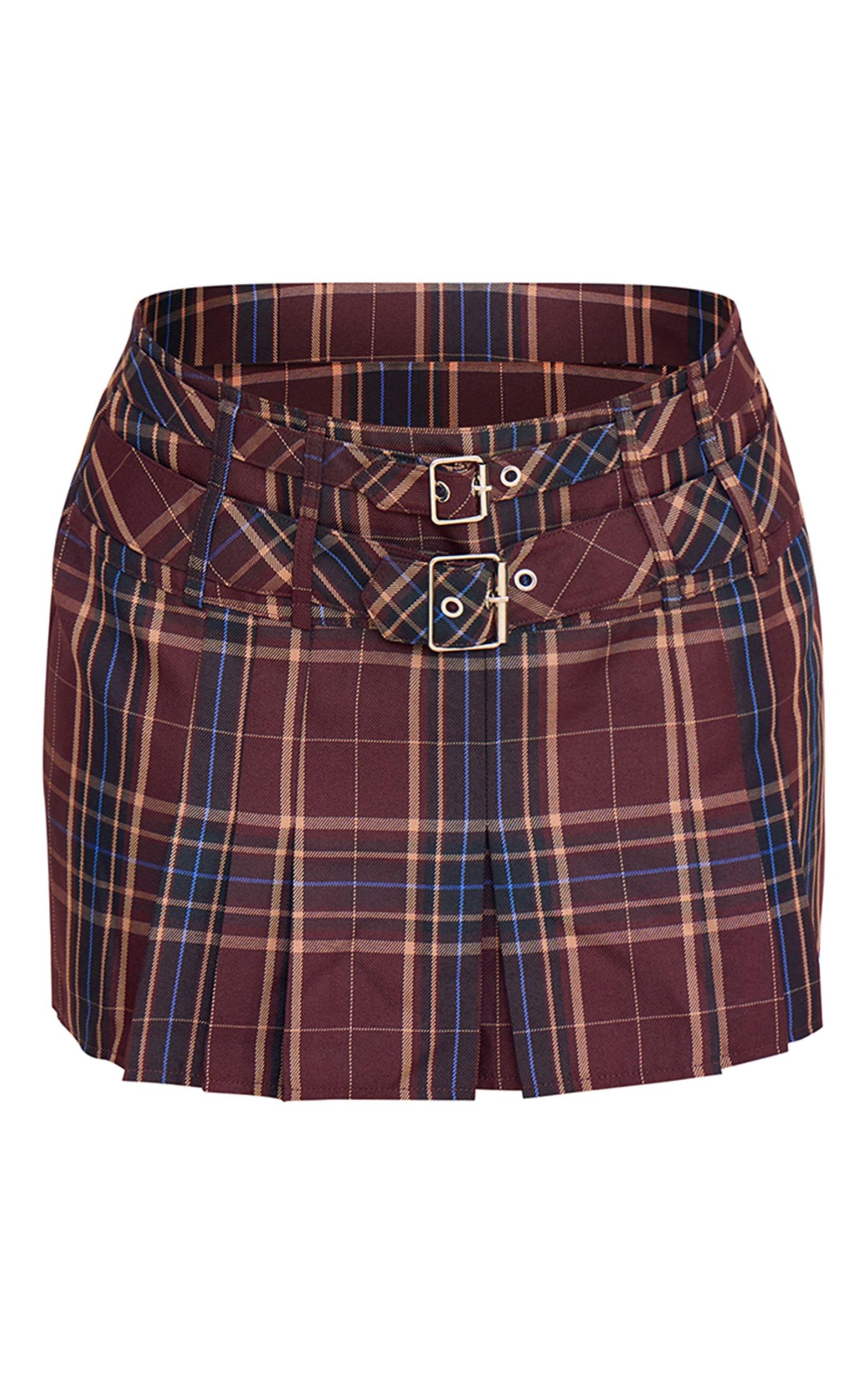 Brown Gingham Double Buckle Pleated Mini Skirt Product Image