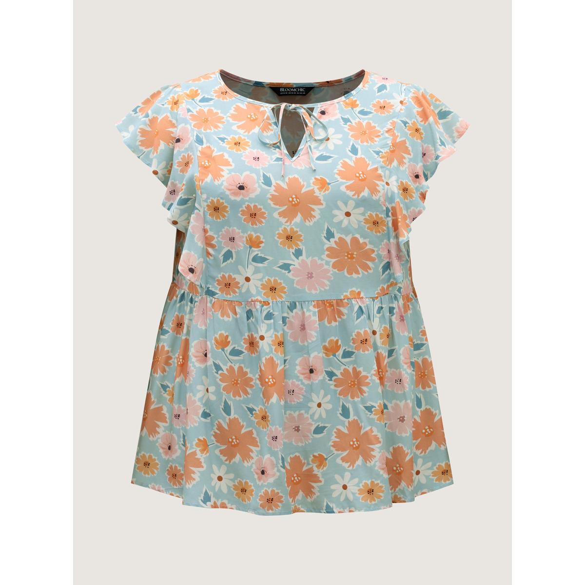 Plus Size Greenbean Floral Print Ruffled Sleeve Blouse Women Cap Sleeve Flat collar with V-notch Casual Blouses BloomChic 18-20/2X Product Image