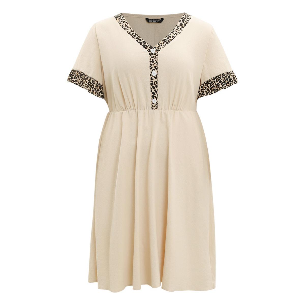 Plus Size Leopard Patchwork Pocket Flutter Trim Button Detail Dress Apricot Women Office Plain V-neck Short sleeve Curvy Midi Dress BloomChic 18-20/2X Product Image