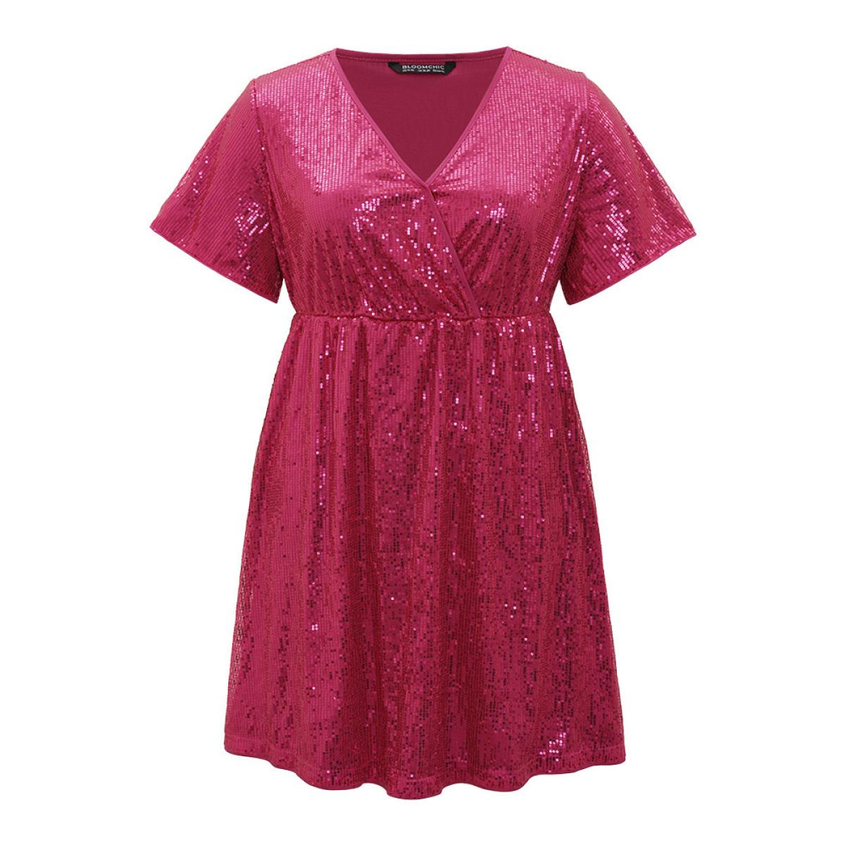 Plus Size Sequin Overlap Collar Elastic Waist Dress RedViolet Women Party Wrap Overlap Collar Short sleeve Curvy Midi Dress BloomChic 18-20/2X Product Image