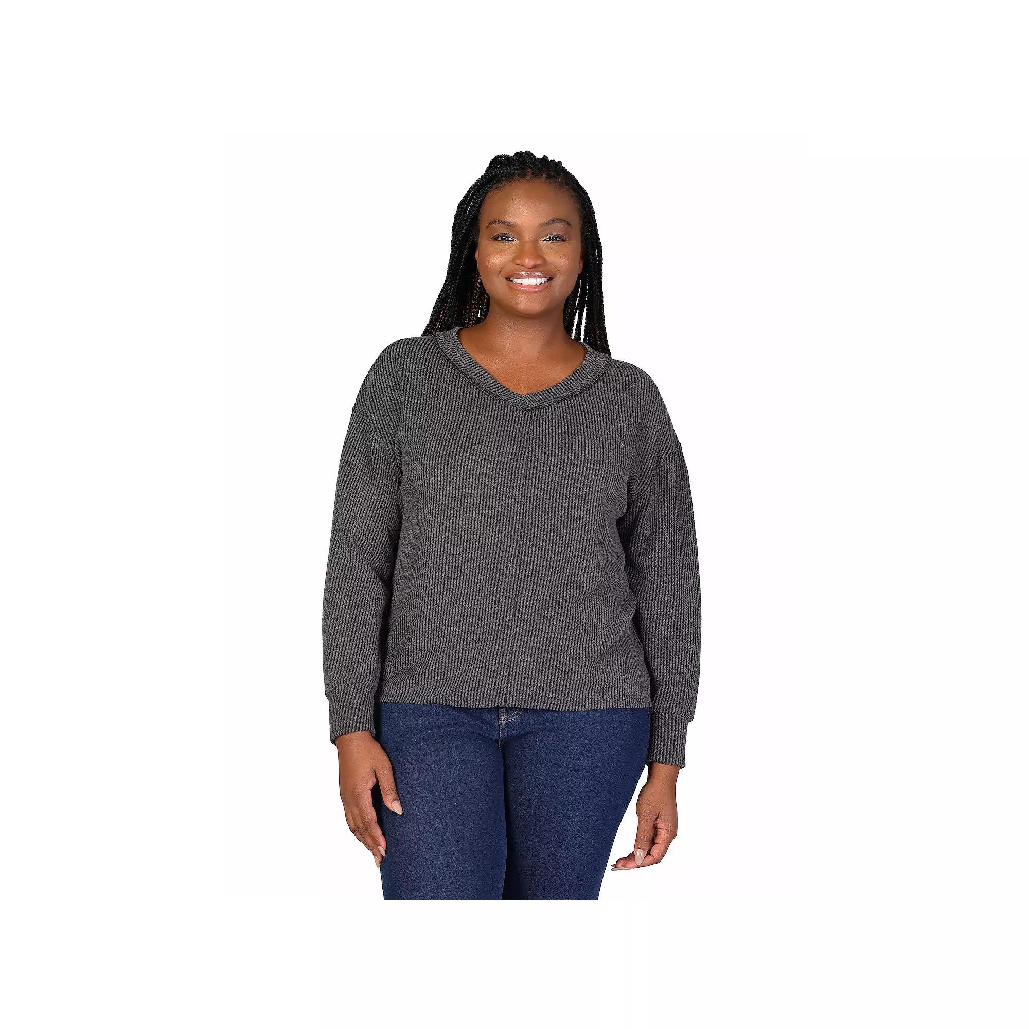 Plus Size 24Seven Comfort Apparel Relaxed Fit Ribbed Knit V-Neck Sweater, Women's, Size: 1XL, Black Product Image