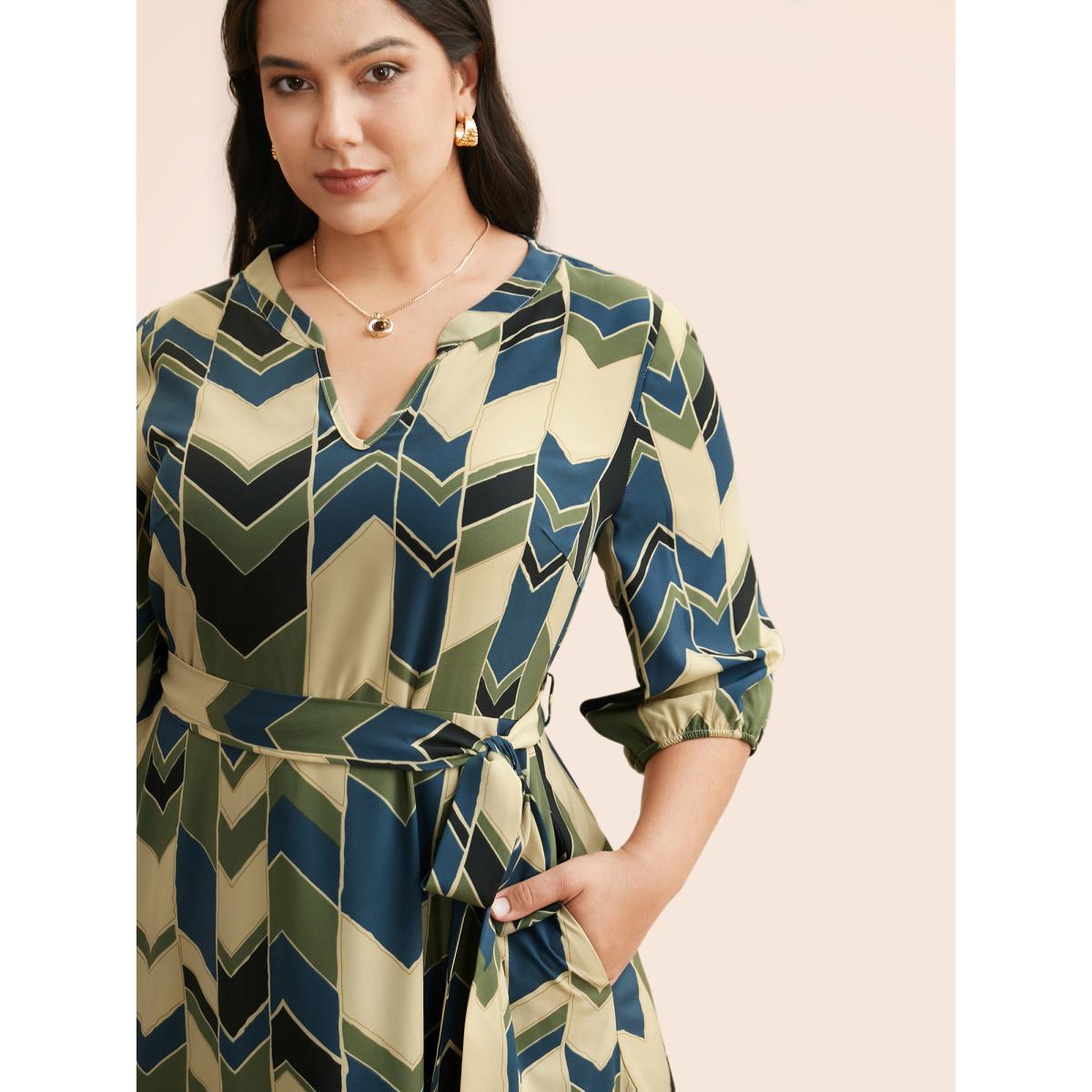 Plus Size Geometric Contrast Lantern Sleeve Dress Moss Women At the Office Belted Flat collar with V-notch Elbow-length sleeve Curvy BloomChic 12/L Product Image